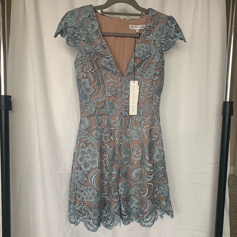 NWT Dress the Population Blue Lace Romper